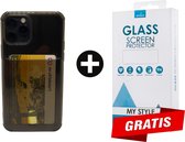 Crystal Backcase Transparant Shockproof Met Pasjeshouder Hoesje iPhone 11 Pro Max Zwart - Gratis Screen Protector - Telefoonhoesje - Smartphonehoesje