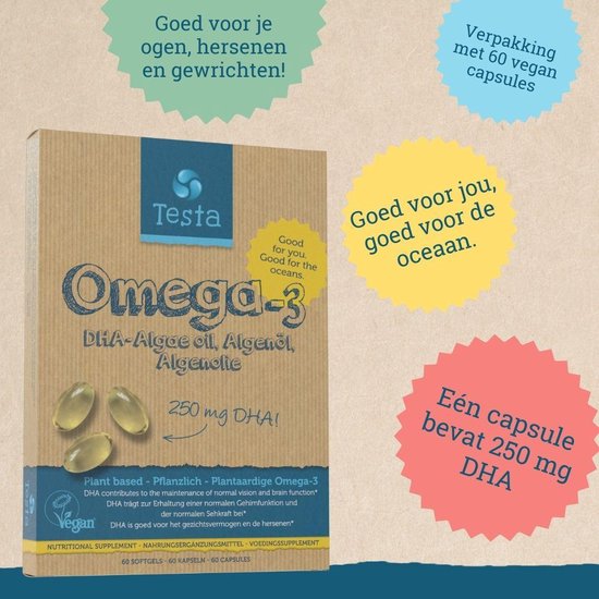 Testa Omega-3 Algenolie - Hoogste concentratie Vegan Omega 3 - 250 mg DHA - Zuiverder dan Visolie - 60 Capsules (2 Maanden Voorraad) - Testa