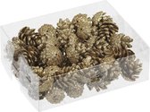 48x stuks decoratie dennenappels glitter goud 3,5 cm - Kerststukje/herfststukje versiering/decoratie - Dennenappeltjes