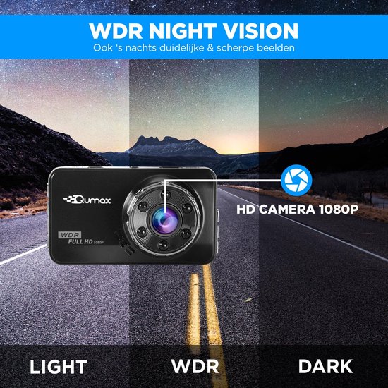 Qumax Dashcam voor auto – Voor en Achter Camera – Full HD – Parkeerstand met Bewegingsdetectie en ingebouwde G-sensor – IPS-display - 170° Wijdhoeklens