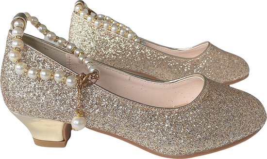 Communie schoenen - Prinsessen schoenen goud glitter met pareltjes - maat 26 (binnenmaat 17 cm) bij bruidsmeisjes jurk