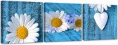 Trend24 - Canvas Schilderij - Madeliefjes En Harten - Schilderijen - Abstract - 120x40x2 cm - Blauw