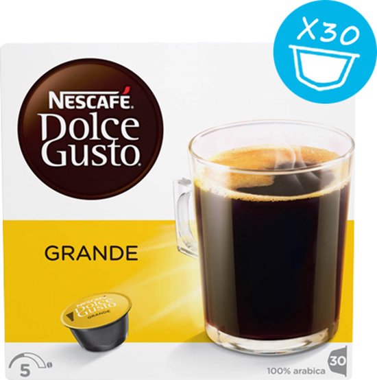 Nescafe Dolce Gusto Grande: doos met koffiecups, een glas koffie en een capsule.