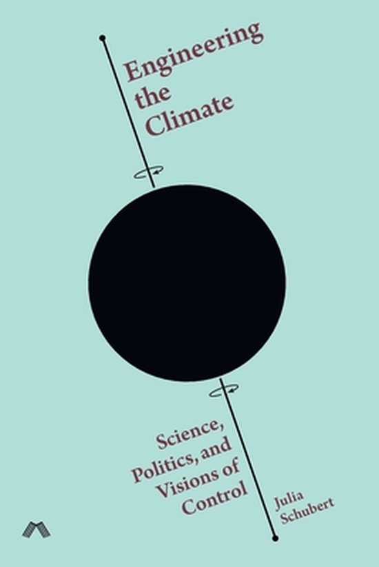 Boek "Engineering the Climate". Een zwarte cirkel met een schuine lijn met tekst, op een lichtblauwe achtergrond.