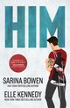 Boekcover met de titel "HIM" en een man met een tatoeage op zijn arm die schaatsen op zijn rug draagt. "I read Him in one sitting's so good" - Colleen Hoover.