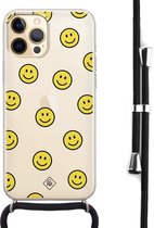 iPhone 12 hoesje met koord - Smileys | Apple iPhone 12 crossbody case | Zwart, Transparant | Geruit/gestreept/gestipt
