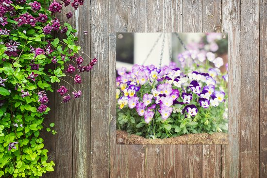 Tuindoek Kleurrijke violen in een hangende pot - 100x100 cm