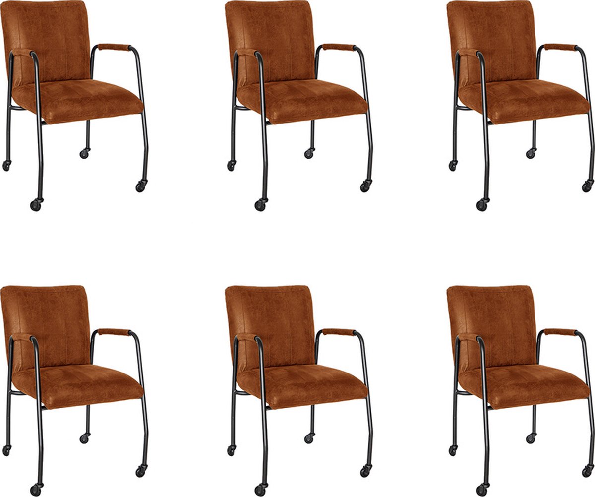 Bronx71 Eetkamerstoel met wieltjes Mila eco-leer cognac - Eetkamerstoelen set van 6 - stoel