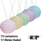 Amare LED Lichtslinger met 15 XXL lampionnen - Pastel kleuren - lengte lichtslinger 7M - totale lengte 17M