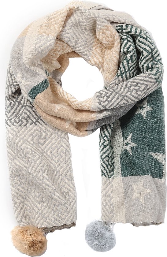 Warme Sjaal - Sterren en Pompon - 185x60 cm - Grijs en Groen