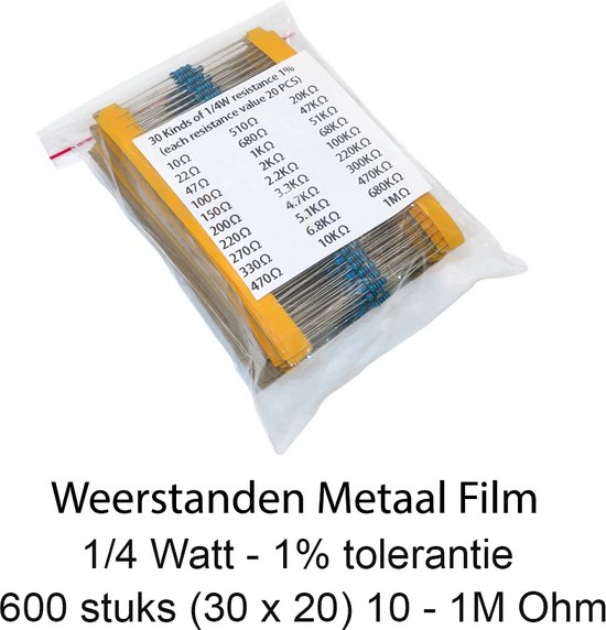 leeuwerik sirene Onderdrukken Weerstanden kit - 600 stuks (30x20) - metaal film - 1/4 Watt - 1%  tolerantie - 10/1M Ohm | bol.com