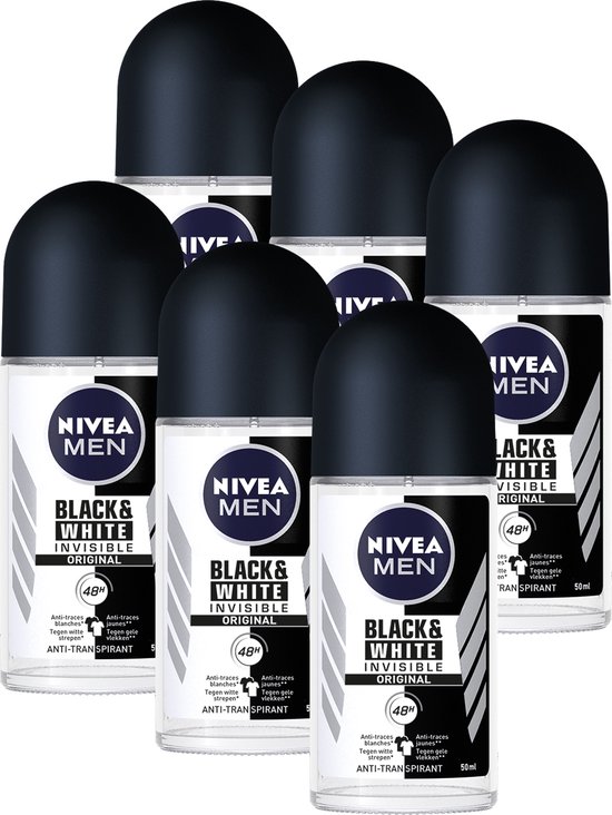 NIVEA MEN Black & White Invisible original Deodorant Roller - Anti-Transpirant - 6 x 50 ml - Voordeelverpakking