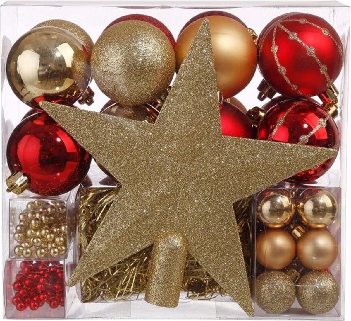 Breukvaste kerstballen set Star – Goud/Rood – 44-delig