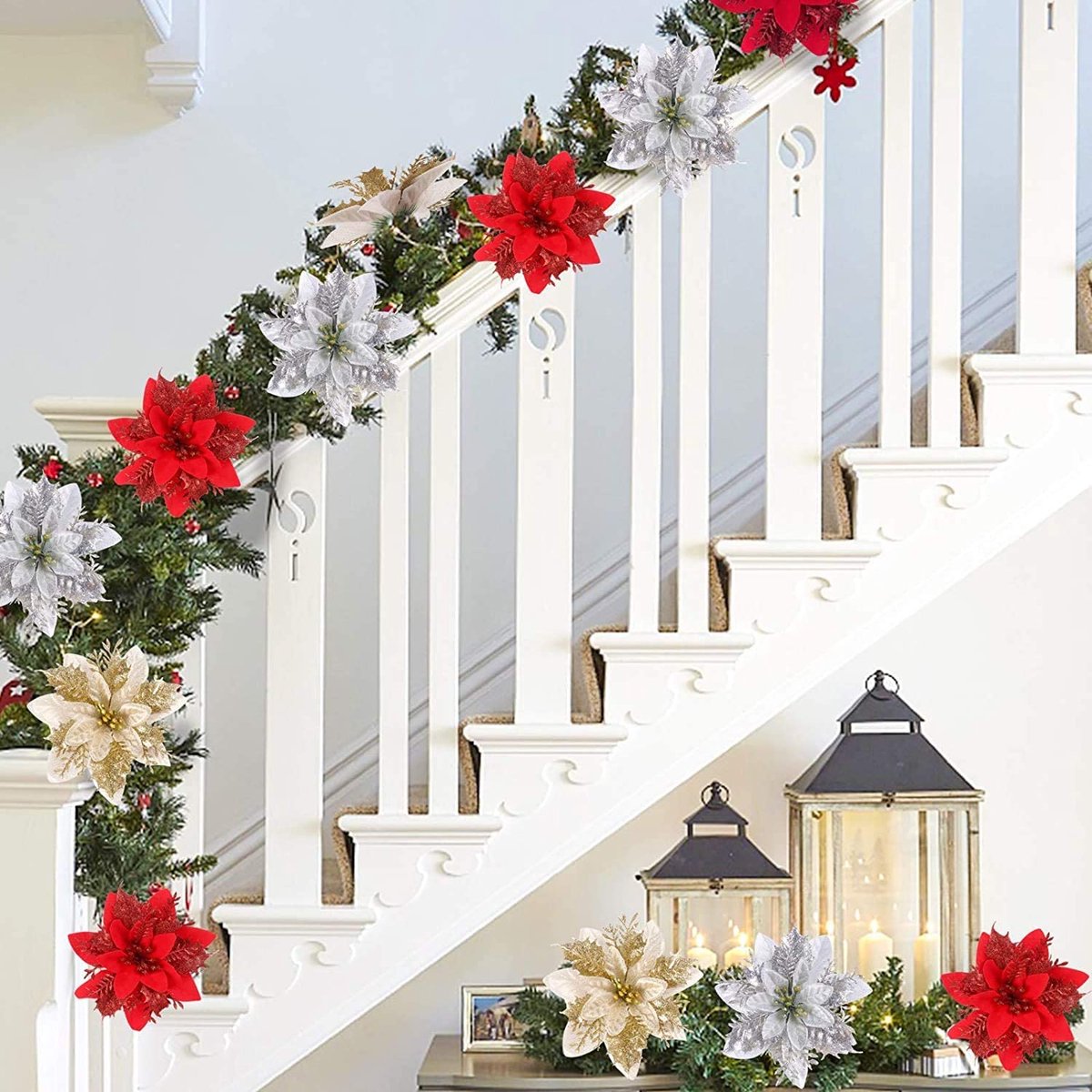 24 stuks kunstbloemen kerstversiering kerstbloemen kerstslinger kerstboom decoratie fonkelende poinsettia bloemen bruiloft Nieuwjaar feest decoratie voor huis tuin