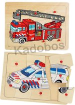 Houten noppenpuzzel 2x - Brandweer en Politie - 9 pcs per puzzel