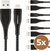 5x MOJOGEAR Lightning naar USB kabel — 1,5 meter nylon kabel Extra Sterk — Zwart/Donkergrijs [Voordeelverpakking]