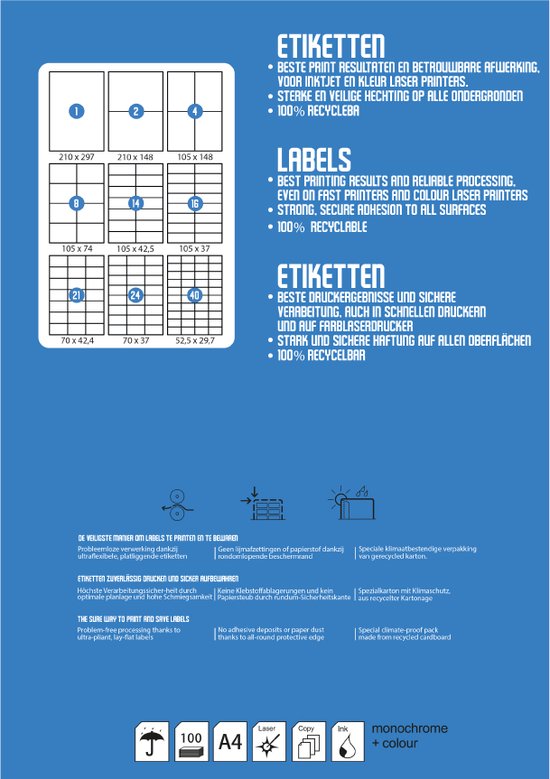 Étiquettes autocollantes DULA® A4 - 24 Autocollants par feuille - 70 x 37 mm - 10 feuilles