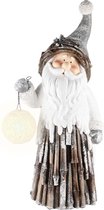 Santa / kerstman met bollenlamp (LED verlichting) - Bruin / beige / wit / zilver - 29 x 20 x 64 cm hoog.