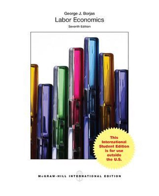 Labor Economics, septième édition, par George J. Borjas. Une série d'objets colorés, possiblement des stylos ou des marqueurs, sur fond blanc. Un cercle jaune avec du texte en anglais.