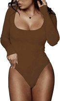 Premium Dames Thermo Body / Bodysuit | Stretch Met Gesloten Hals | Bruin - S