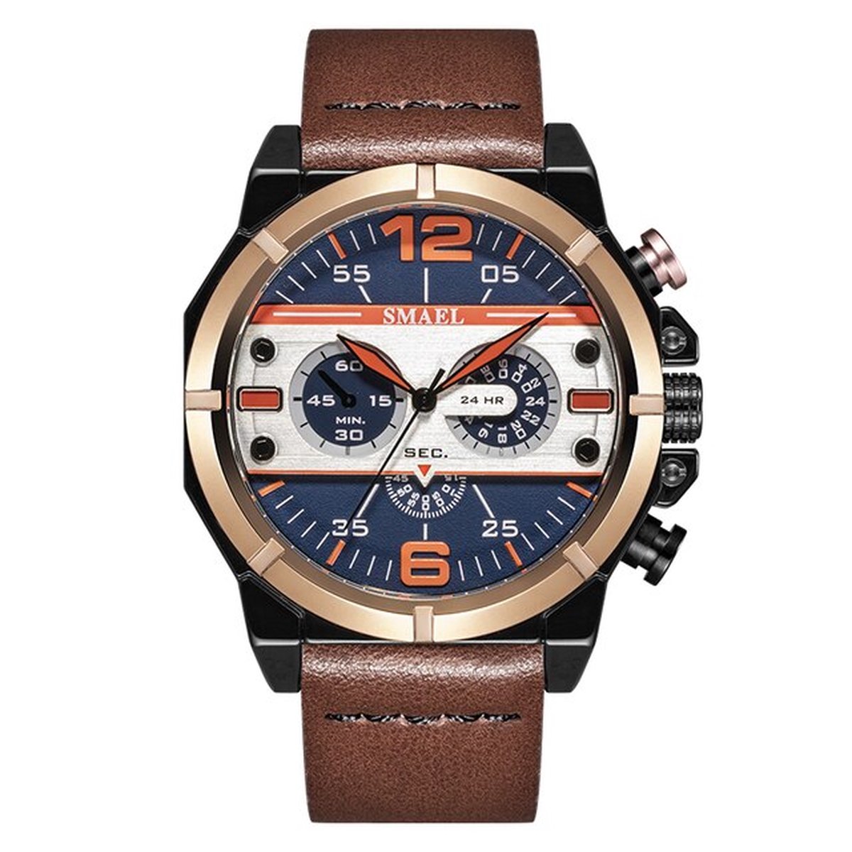 Vintage Style Heren Horloge Zwart stalen kast Bruine Leder band en Rosé Bezel | SMAEL 9074A55 | Waterdicht |Analoog | Mud | Shock bestendig | Leger | Timer | Master