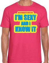 Foute party I m sexy and i know it verkleed/ carnaval t-shirt roze heren - Foute hits - Foute party outfit/ kleding L