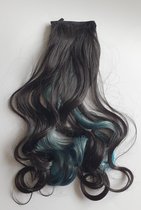 Paardenstaart hairextensions Funny color mix zwart met blauw 50 CM Klem haarstuk Clip in