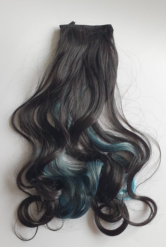 Paardenstaart hairextensions Funny color mix zwart met blauw 50 CM Klem