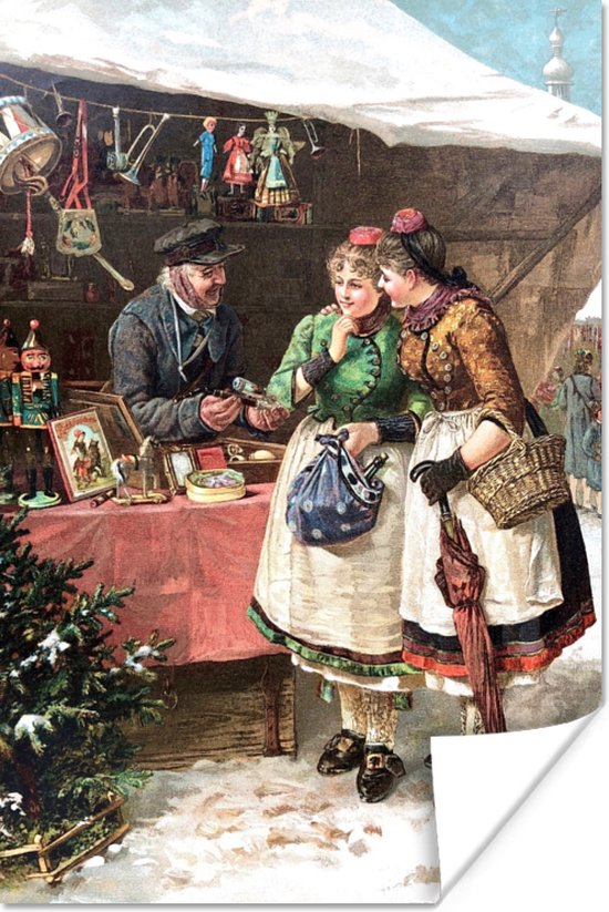 Poster Kerst - Portret Kerstmarkt - Vintage - 20x30 cm - Kerstmis Decoratie - Kerstversiering - Kerstdecoratie Woonkamer - Kerstversiering - Kerstdecoratie voor binnen - Kerstmis