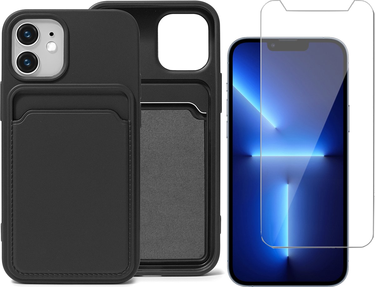 Zwart Pasjeshouder Hoesje geschikt voor Apple iPhone 12 Mini - Screenprotector Glas - Case met Pasjeshouder - Kaart TPU Backcover