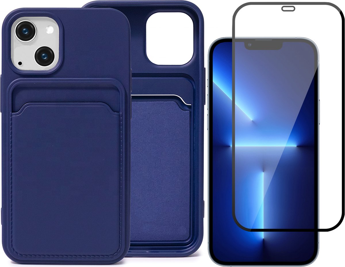 Blauw Pasjeshouder Hoesje geschikt voor Apple iPhone 13 Mini - Screenprotector Glas - Backcover