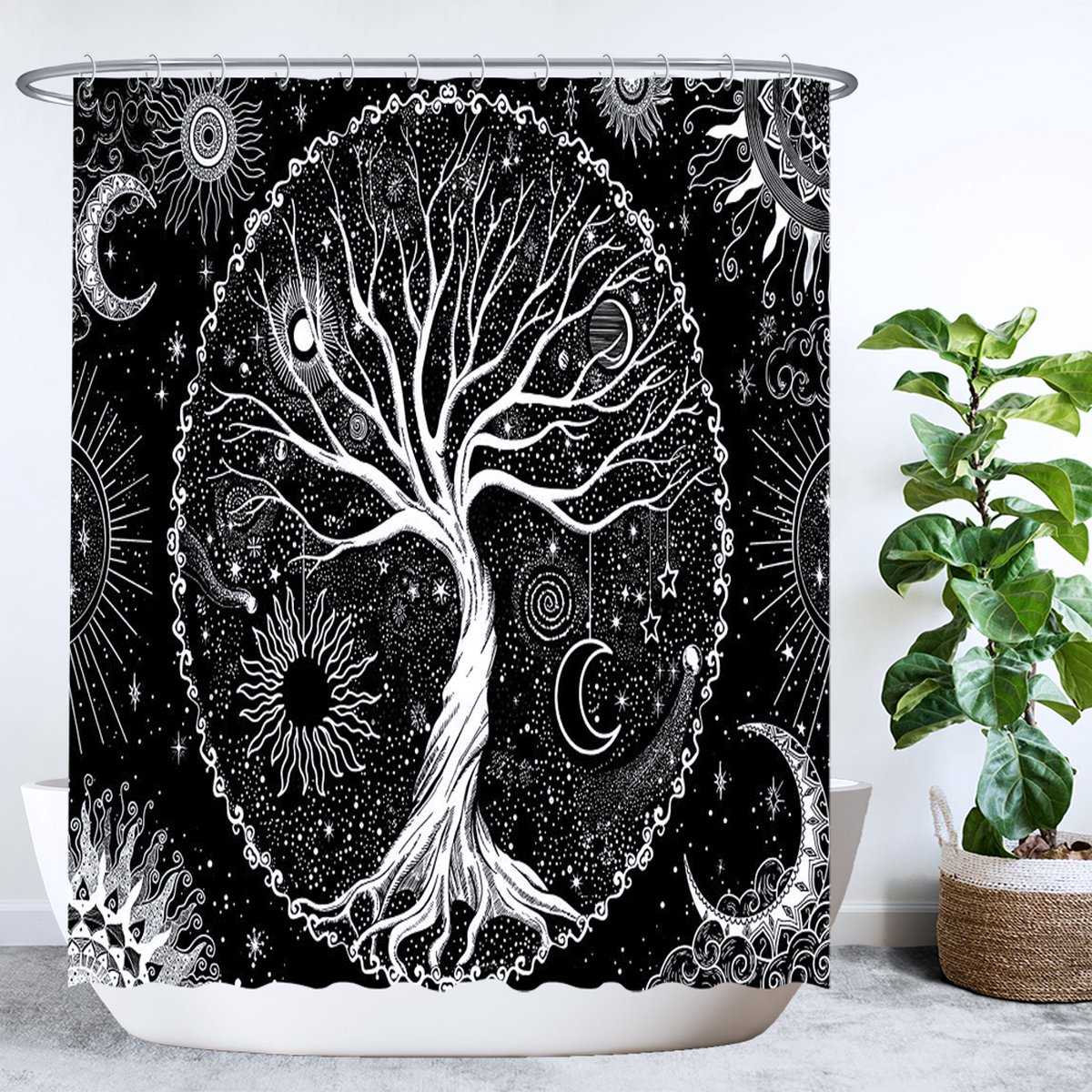 Ulticool Douchegordijn - Boom Tree of Life - 180 x 200 cm - semi Transparant - met 12 Ringen Wit - anti Schimmel - Zwart Wit