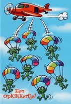 Een opkikkertje! Een vliegtuig waaruit allemaal vrolijke kikkers springen met een parachute. Een dubbele wenskaart inclusief envelop en in folie verpakt.