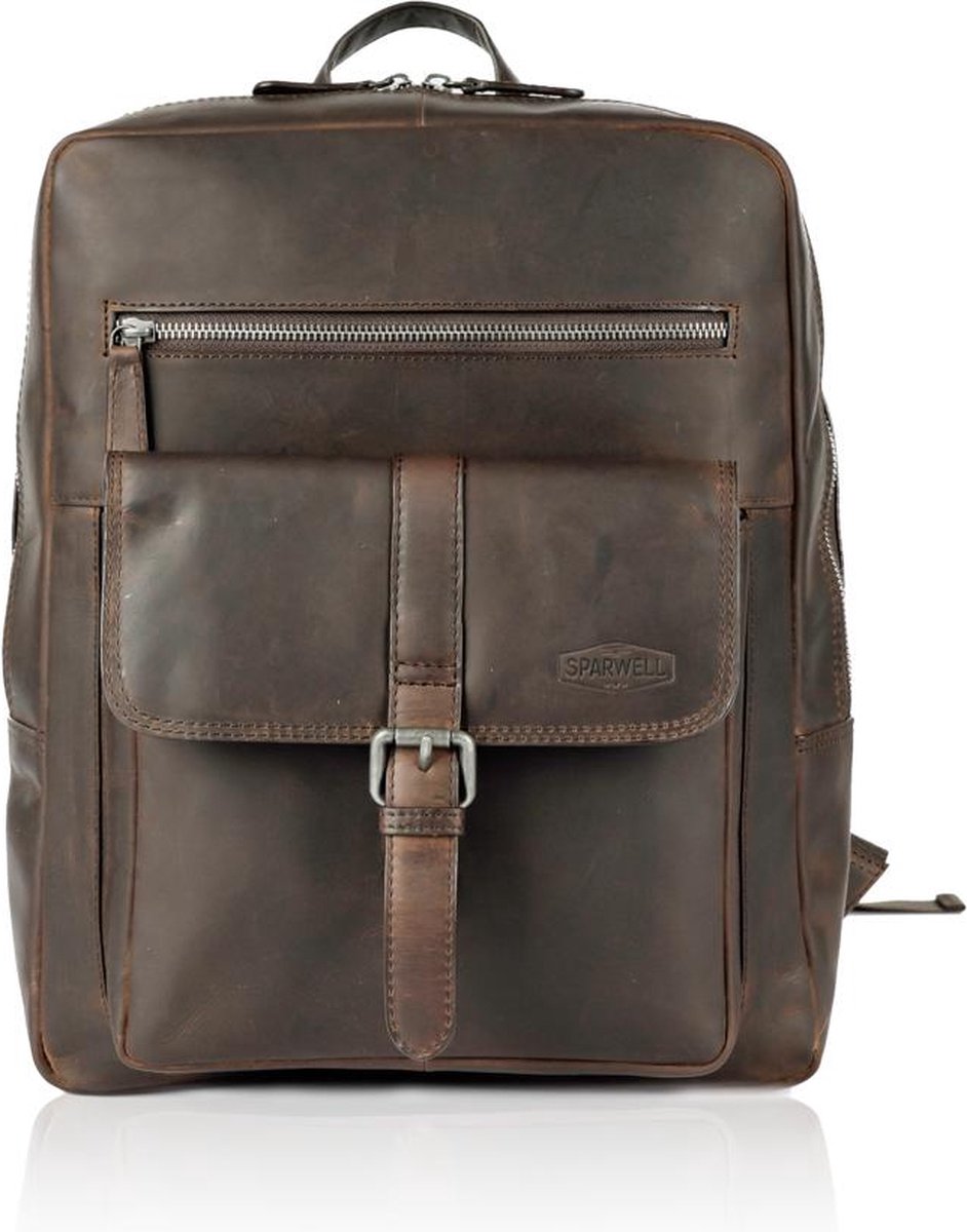 Sparwell Rugzak - Komfort Kyle - Lederen rugzak - laptop vak - 14 inch - Donker Bruin