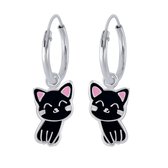 Joy|S - Zilveren kat poes bedel oorbellen - zwart - oorringen