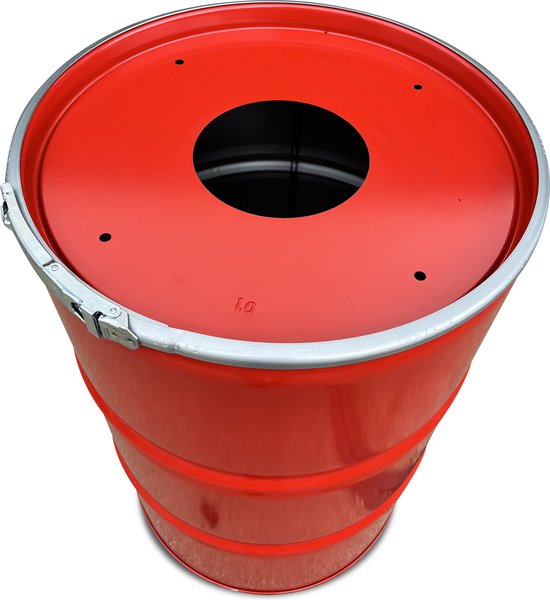 Table debout industrielle / poubelle 2 en 1 Barrelkings| Baril d'huile en métal 200 Litres rouge Poubelle / Prullenbak 200 Litres avec couvercle troué | Table de bar / Table suspendue avec plateau en bois laqué. 80 cm / 105 cm Contenu 200 litres.