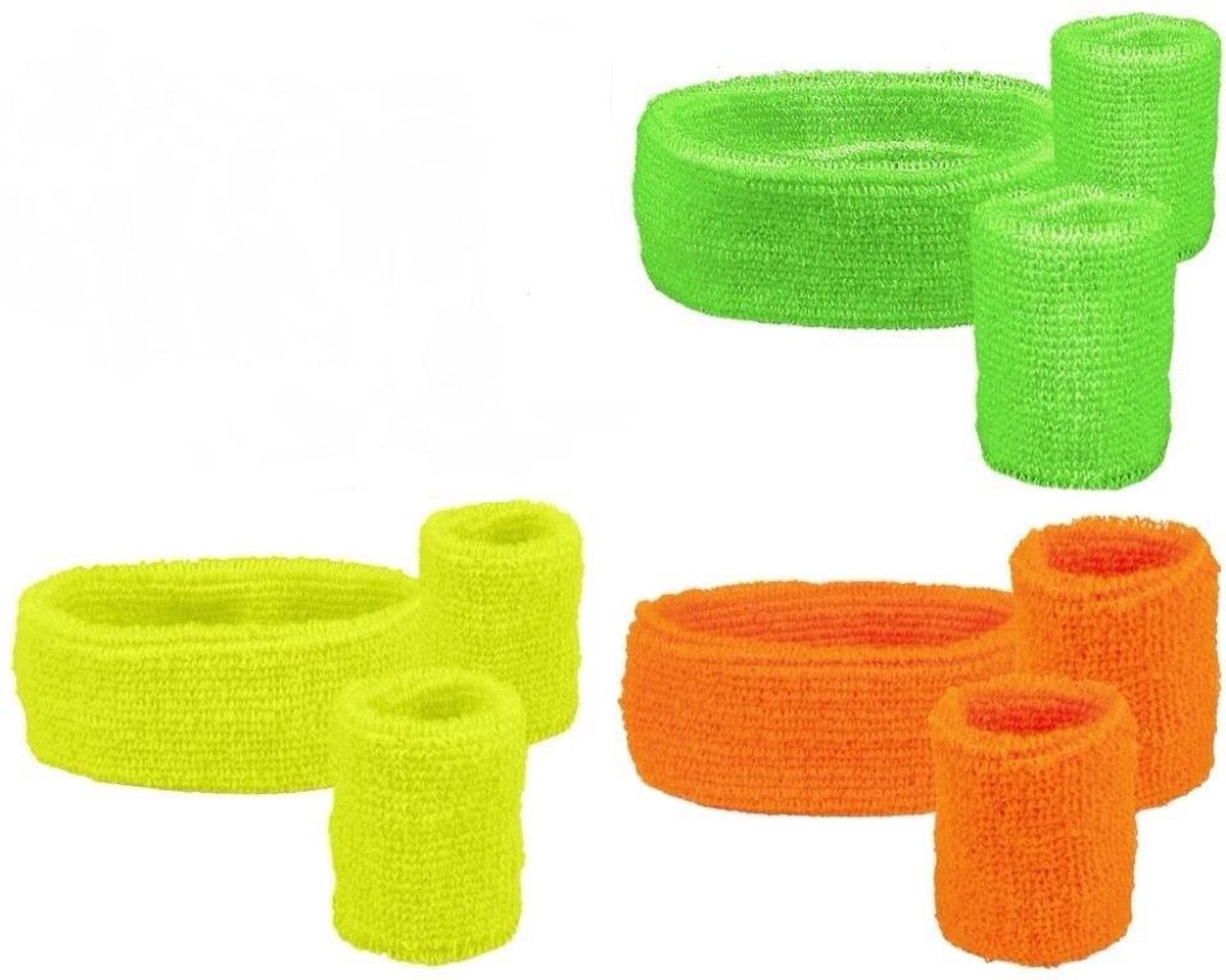 6 Sets zweetbandjes - 2 polsbandjes, 1 hoofdband - 2x neon geel + 2x neon groen + 2x neon oranje.