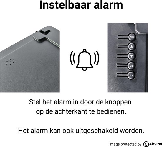 Instructies voor instelbaar alarm op de achterkant van de CO2 monitor.