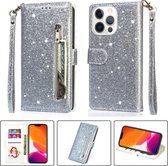 Glitter Bookcase voor Apple iPhone 13 | Hoogwaardig PU Leren Hoesje | Lederen Wallet Case | Telefoonhoesje | Pasjeshouder | Zilver