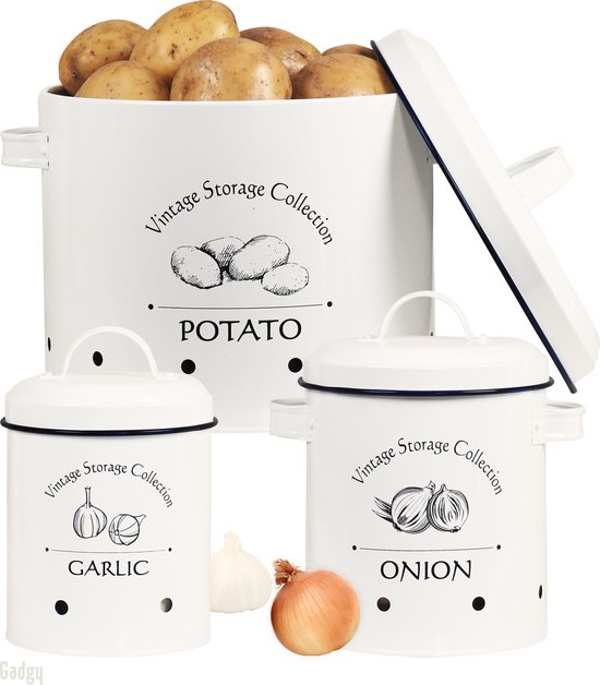 Pots de rangement Gadgy - Set d'un plateau de pommes de terre, d'un pot d'oignons et d'un pot d'ail - 3 boîtes de Bidons alimentaires avec couvercles et trous de ventilation - Gadgy de Bocaux de conservation Vintage / rétro
