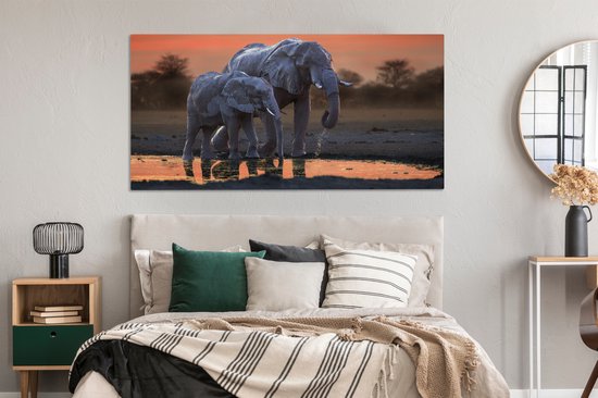 Tableau sur toile Deux éléphants au coucher du soleil - 160x80 cm - Décoration murale Art