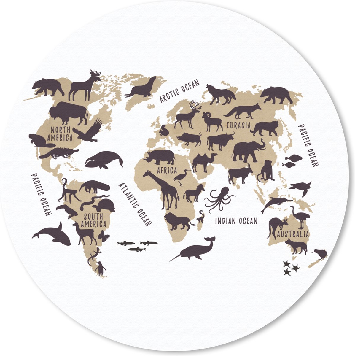 Muismat rond 30x30 cm - Mousepad Wereldkaart Kinderen - Bruin - Wit - Ronde muismatten