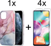 Samsung A41 Hoesje - Samsung Galaxy A41 Hoesje Marmer Roze/Blauw Siliconen Case - 4x Samsung A41 Screenprotector
