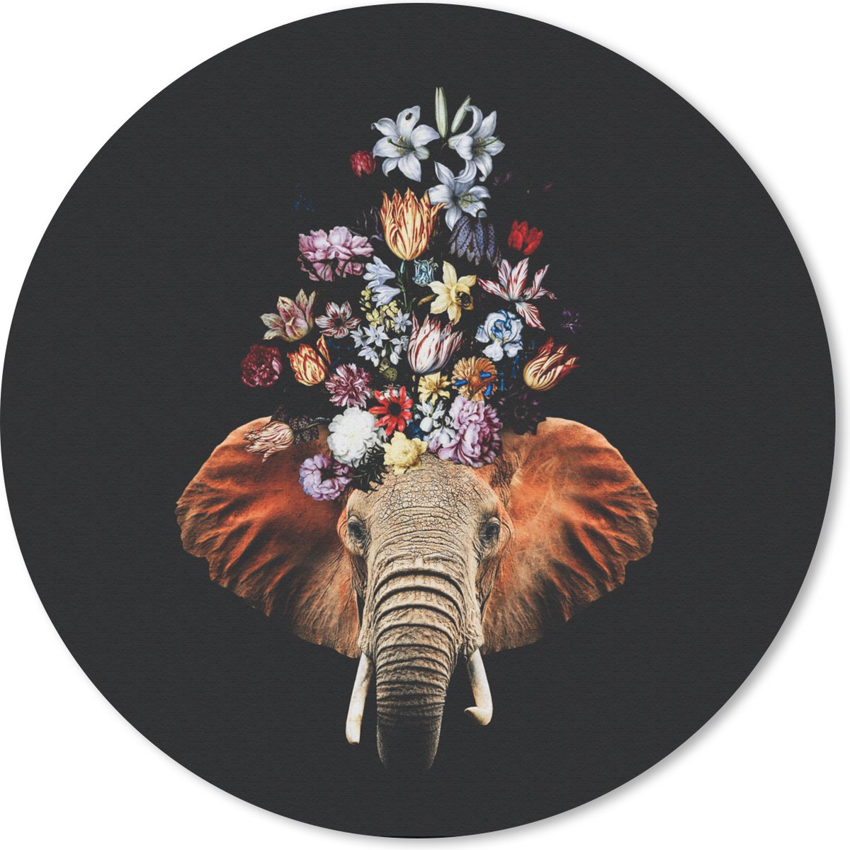 Muismat rond 20x20 cm - Mousepad Olifant - Bloemen - Kleuren - Ronde muismatten