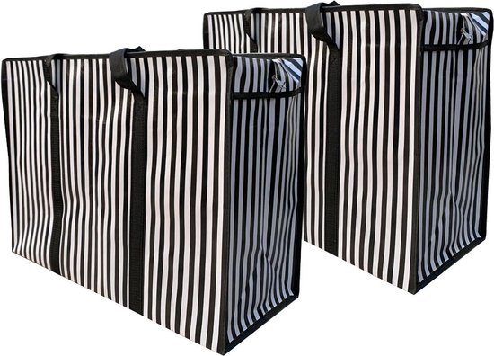 Big Shopper met rits - 60 x 45 cm - Strepen - Zwart -Set van 2