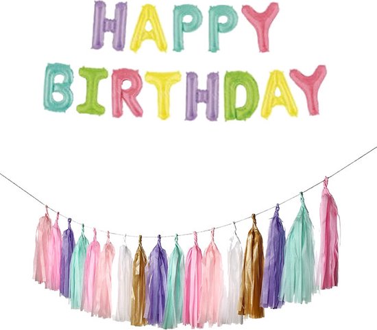 MagieQ Happy Birthday Folie Ballonnen Regenboog met papieren kwasjeslingers Kwasjes slinger -kinderfeestje - Unicorn - Feest - verjaardag