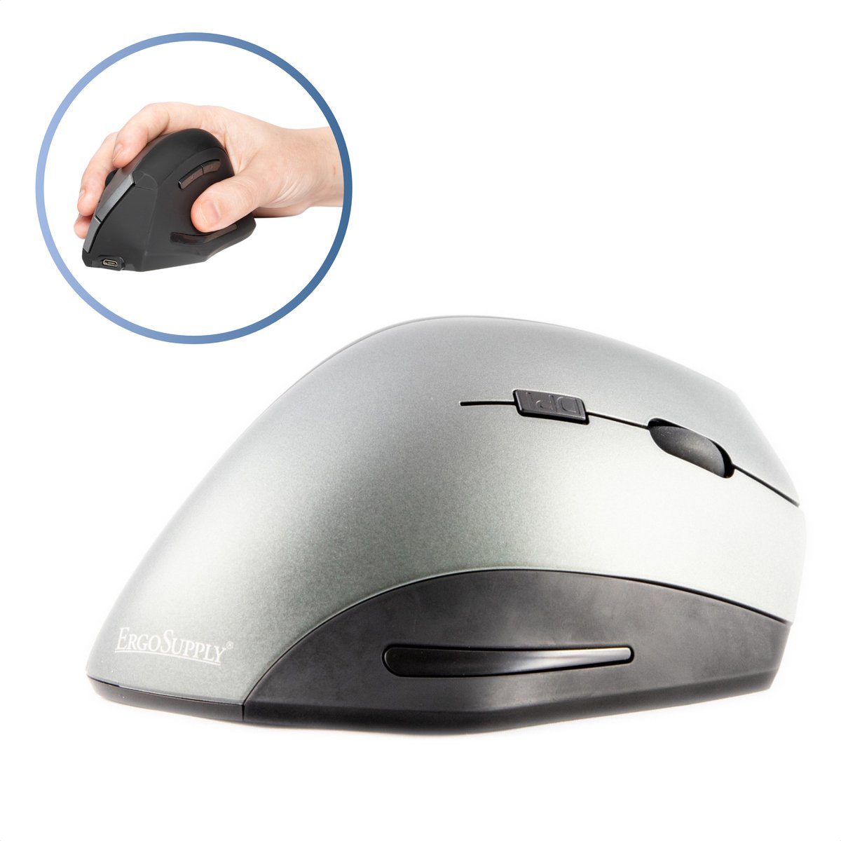 ErgoSupply SR350 Draadloze Ergonomische Muis - Computermuis met Auto Scroll - Draadloos - Voor Laptop of Computer - Wireless Mouse - Rechtshandig en Ergonomisch - Zilver en Zwart