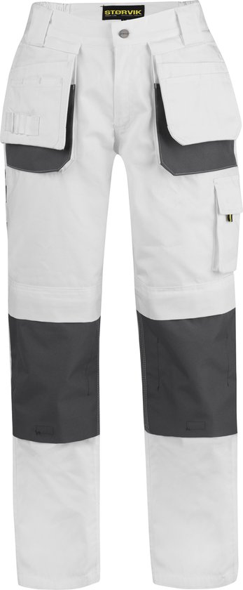 Pantalon de travail blanc avec accents gris foncé sur les poches et les genoux. Multiples poches plaquées.