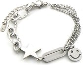 Armband Dames - Smiley en Ster - RVS - Verstelbaar 17-21 cm - Zilverkleurig