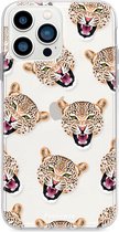 Fooncase Hoesje Geschikt voor iPhone 13 Pro Max - Shockproof Case - Back Cover / Soft Case - Cheeky Leopard / Luipaard hoofden